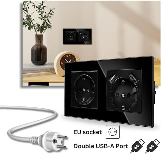 Двойна Мортис Електрически Контакт с 2 USB Порта Черен