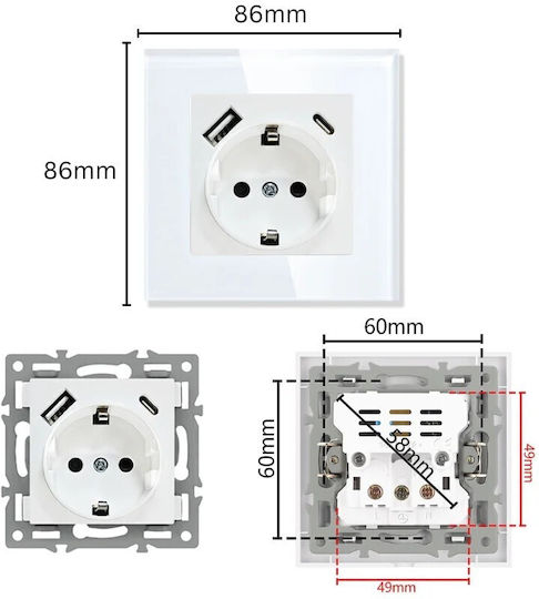 Μονή Χωνευτή Πρίζα Ρεύματος με 2 Θύρες USB Λευκή