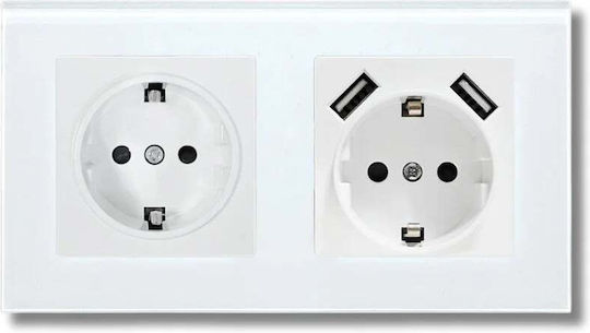Двойна Мортис Електрически Контакт с 2 USB Порта Бял