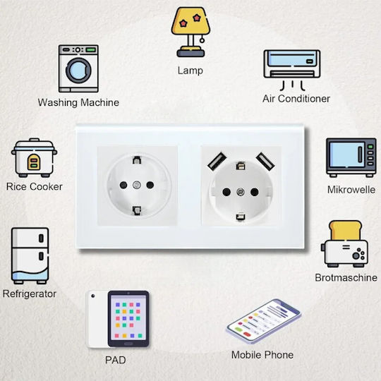 Двойна Мортис Електрически Контакт с 2 USB Порта Бял