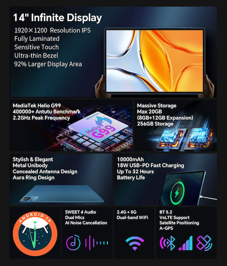 Teclast T70 4G 14Zoll Tablet (8GB/256GB) Blau