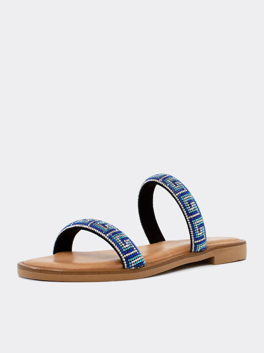 Leather Women's Flat Sandals in Blue Color