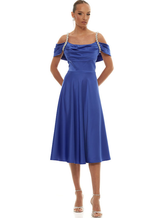 Summer Midi Evening Satin Dress Spaghetti Strap Blue
