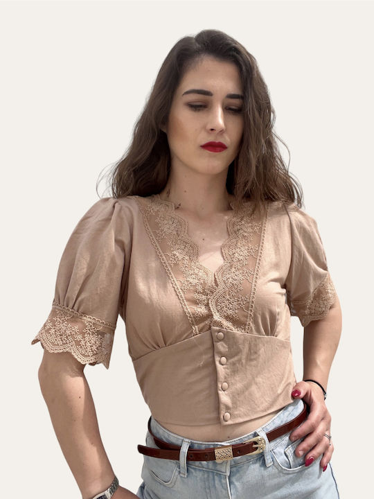 Damen Bluse mit Spitze Beige