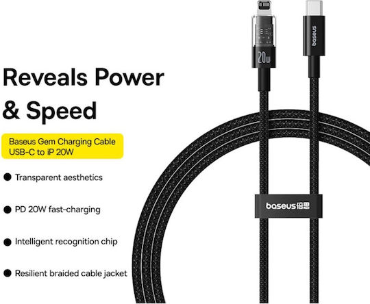 Baseus Gem Braided la Cablu Lightning 20W Negru 2m (P10373001111-01)