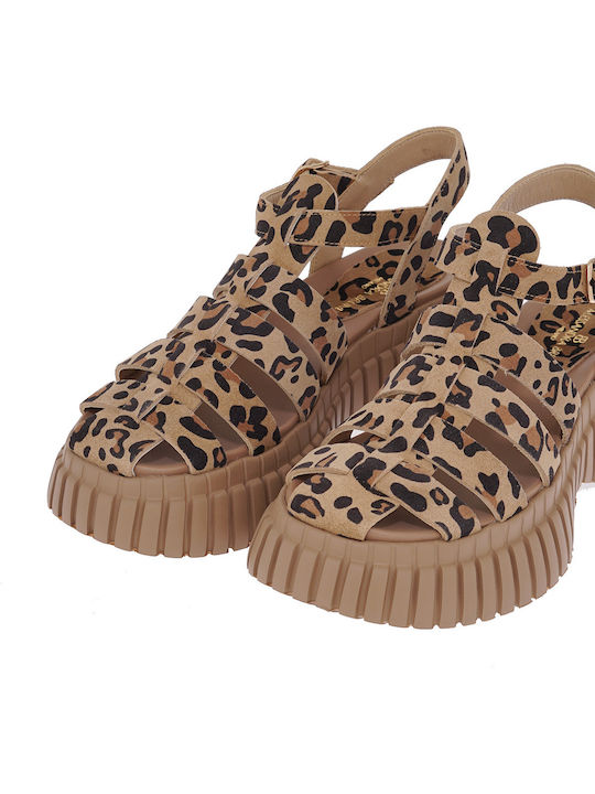 Δερμάτινα Γυναικεία Σανδάλια Flatforms Leopard