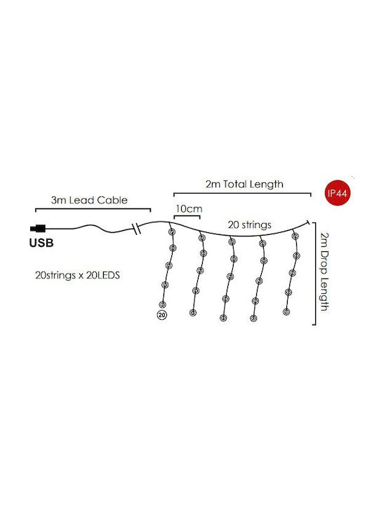 400 Lichter LED 2m. x 200cm Warmes Weiß USB Typ Vorhang 1Stück 400 Lichter LED 2m. x 200cm Warmes Weiß USB Typ Vorhang 1Stück