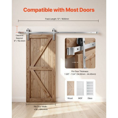 Vevor Sliding Mechanism For Wooden Sliding Door 182.88cm Silver