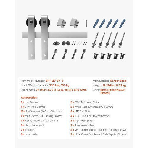 Vevor Sliding Mechanism For Wooden Sliding Door 182.88cm Silver