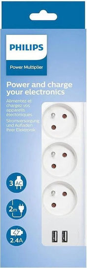 Philips Power Strip with Surge Protection 3 Positions with 2 USB-A, Switch and Cable 2m