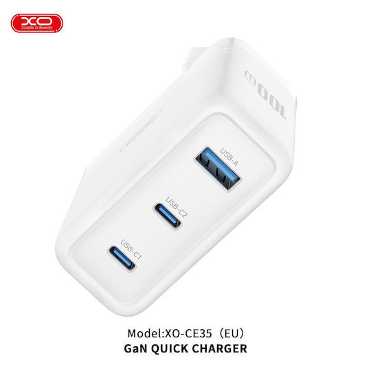 XO Зарядно без кабел GaN с USB-A порт и 2 USB-C порта 100W Power Delivery / Quick Charge 3.0 Бял (CE35)