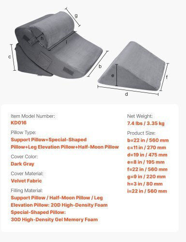 Vevor Μαξιλάρι Σφήνα με Memory Foam 74x56x47.5cm σε Γκρι χρώμα XXZKDJXXZ4JTW53OP001V0