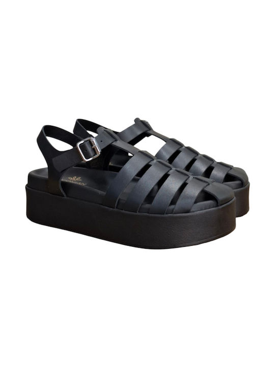 Leather Women's Flat Sandals Flatforms in Black Color