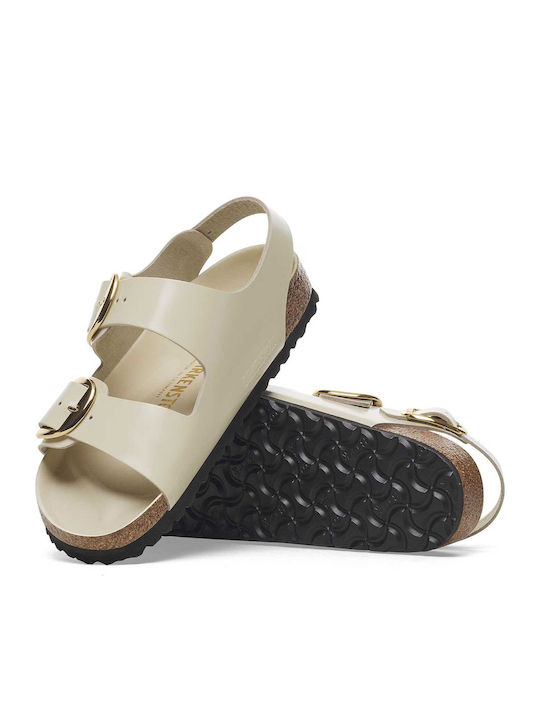 Milano Big Buckle Leather Women's Flat Sandals Anatomic with Strap in Ecru Color Narrow Fit