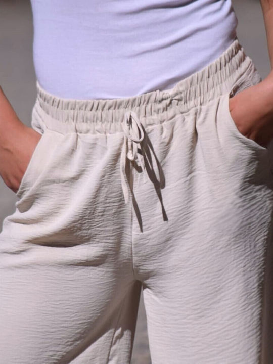 Women's High-waisted Fabric Trousers with Elastic in Loose Fit Beige