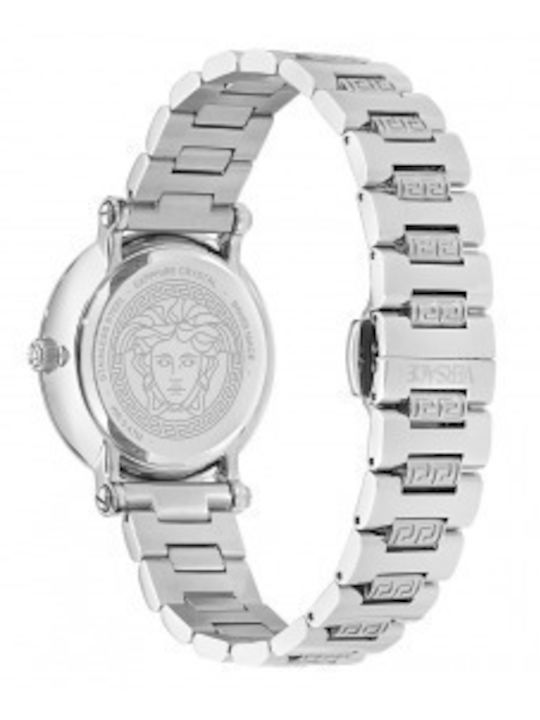 Versace Greca Γυναικείο Ρολόι 35mm Μπαταρίας με Ασημί Μεταλλικό Μπρασελέ