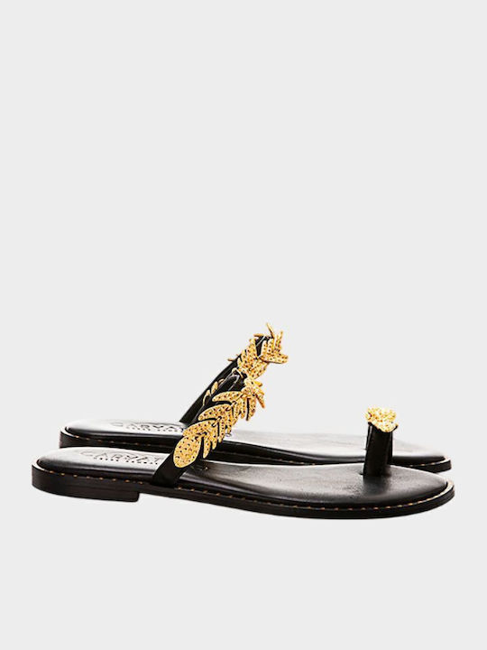 Leather Women's Flat Sandals in Black Color