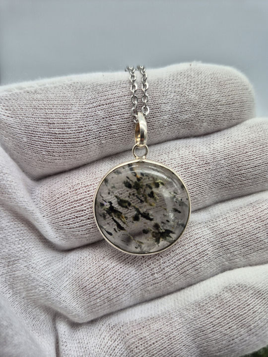 Transparent Quartz Necklace with Green Tourmaline Inclusions, Silver Bezel, Steel Chain, 24 cm Length