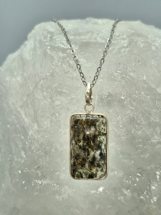 Quartz Necklace with Green Tourmaline Inclusions, Silver Bezel, Steel Chain, 24 cm Length