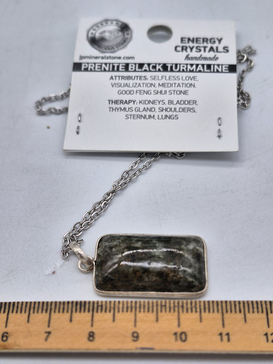 Quartz Necklace with Green Tourmaline Inclusions, Silver Bezel, Steel Chain, 24 cm Length