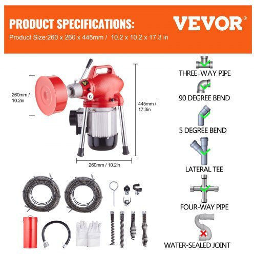 Vevor Steel Drain Unblockers 36.5m with Maximum Unclogging Thickness 16mm