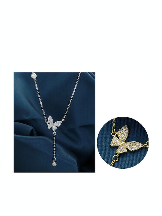 By Queen Κολιέ Butterfly Μαργαριτάρι Zircon Ασημένιο