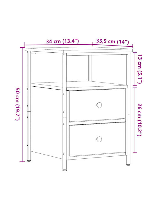 Wooden Bedside Table with Metal Legs Brown Oak 34x35.5x50cm