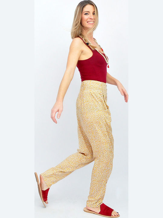 Damenhose mit Gummiband in Regulärer Passform Blumen Gelb