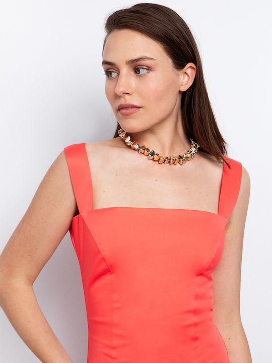 Summer Midi Dress with Spaghetti Strap with Slit Coral