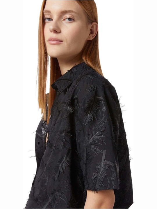 Kurzärmeliges Damen-Denim-Halbknopfhemd Schwarz