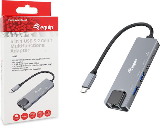 Equip Hub 10 Θυρών USB 3.2 με σύνδεση USB-C / Ethernet Γκρι