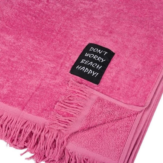 Prosop de plajă Patch Don't Worry Beach Happy bumbac 90x170cm roz