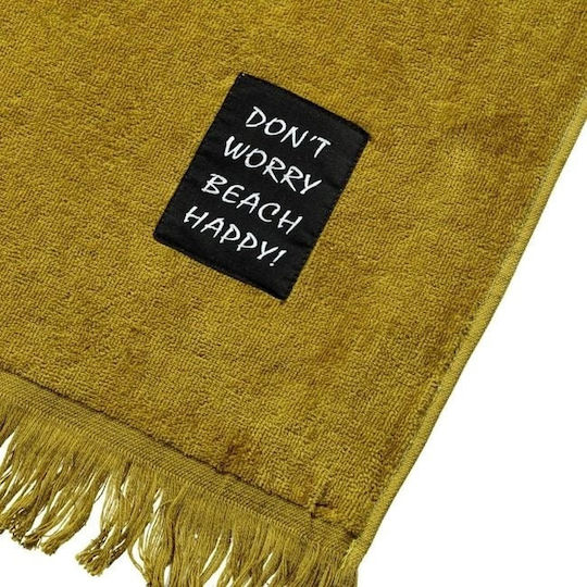 Prosop de plajă din bumbac Patch "Don't Worry Be Happy" 170x90cm Kaki