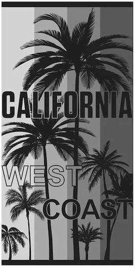 Prosop de plajă cu text "California West Coast" palmieri, bumbac, 150x75cm, gri-negru