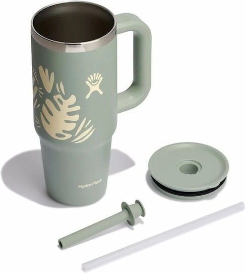 Hydro Flask Travel Tumbler Handled Thermos Stainless Steel 710ml Botanical Bliss Agave with Straw and Handle