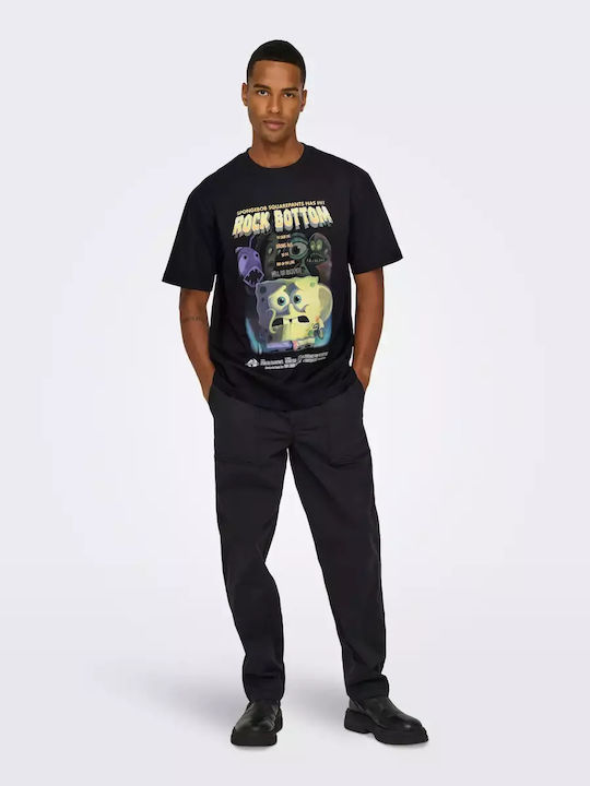 Tricou cu mânecă scurtă pentru adulți – Spongebob – „Spongebob Pantaloni Pătrați a Ajuns la Fundul Prăpastiei” Negru