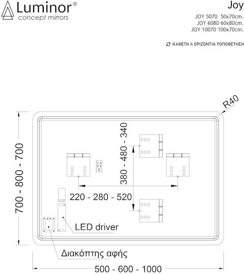 Luminor Joy Oglindă de Baie Dreptunghiulară Lumini LED Atingere 50x70cm
