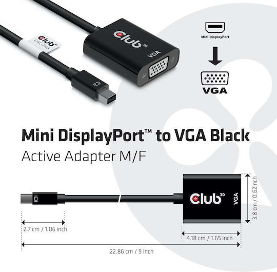Club3D MiniDisplayPort to VGA Black Active Adapter M/F Μετατροπέας mini DisplayPort male σε VGA female 1τμχ