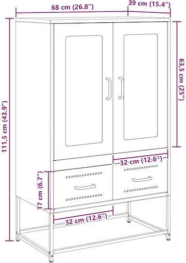 Bodenvitrine fürs Wohnzimmer aus Metall, Weiß, mit Glas 68x39x111,5 cm