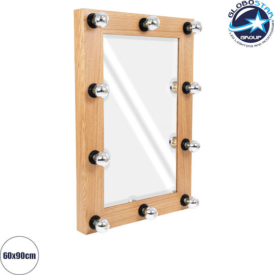 GloboStar Oglindă de Perete cu Stejar bej Ramă din Lemn & Iluminare LED 90x60cm 1buc