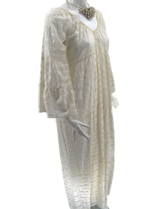 Achilleas Accessories Γυναικείο Μακρύ Καφτάνι Παραλίας Beige, White