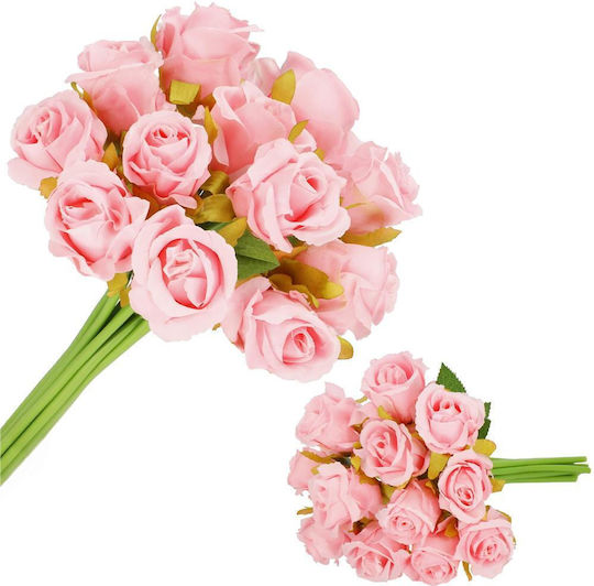 Artificial Flower Bouquet Made Polyester 12 Stems Roses 26cm Pink