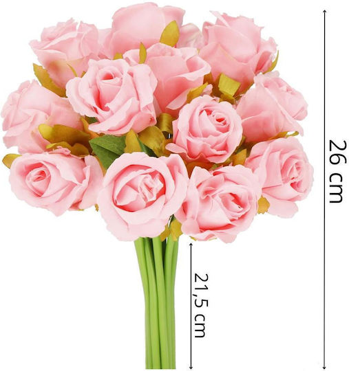 Artificial Flower Bouquet Made Polyester 12 Stems Roses 26cm Pink