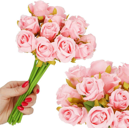 Artificial Flower Bouquet Made Polyester 12 Stems Roses 26cm Pink