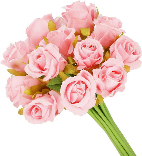 Artificial Flower Bouquet Made Polyester 12 Stems Roses 26cm Pink