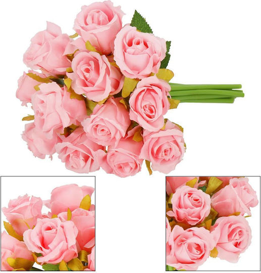 Artificial Flower Bouquet Made Polyester 12 Stems Roses 26cm Pink