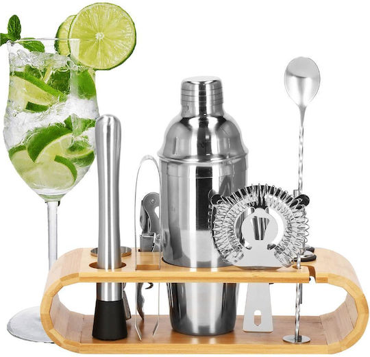 Set Cocktail Shaker Kit Bartenders 750ml Ki25 Bamboo Stand 12 Pieces
