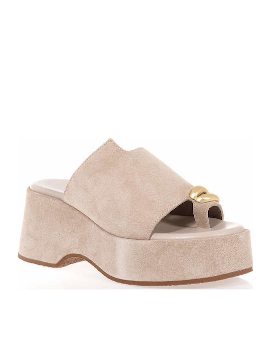 Leather Women's Flat Sandals in Beige Color