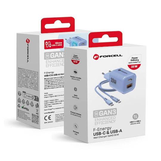 Forcell Charger GaN with USB-A Port and USB-C Port and Cable USB-C - USB-C 33W Power Delivery / Quick Charge 4.0 Blue (F-Energy VT-41)