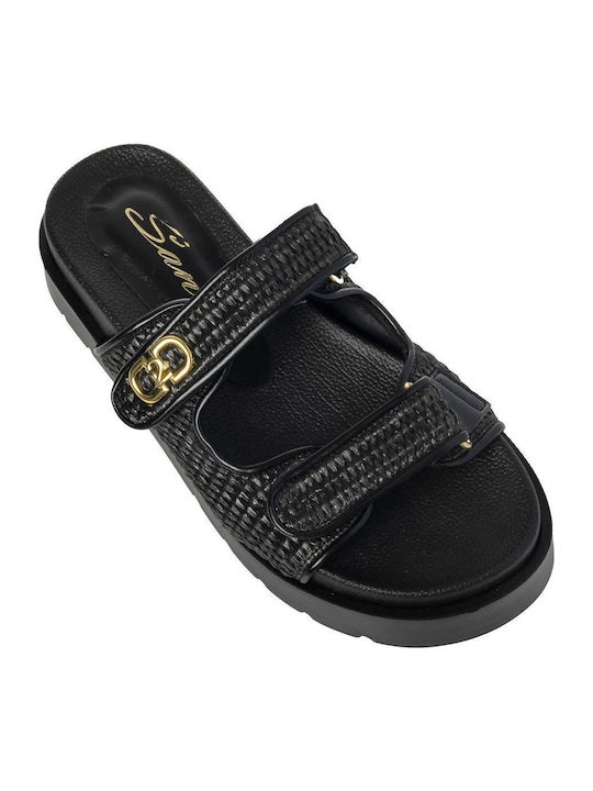 Leather Women's Flat Sandals in Black Color